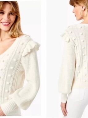 Lily Pulitzer Greta Cream Pom-Pom Cable V-Neck Sweater